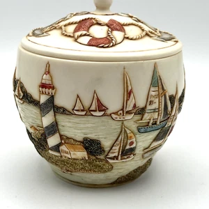 VTG.2003 JARDINIA “SAILBOAT REGATTA” Design CACHEPOT TRINKET JAR WITH LID 4 1/4" - Picture 1 of 10
