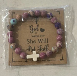 8mm Natural White Cross Tribal Gemstone Christian Bracelet Religious Women Gift - Picture 1 of 2