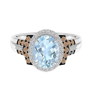 Oval Natural Aquamarine Solitaire Accents Art Deco Ring 925 Sterling Silver - Picture 1 of 6