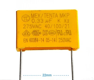 [2pcs] 0.33uF 275v, 330nF, MEX X2, TC/DF Safety Capacitor pitch 22mm – ref:721a