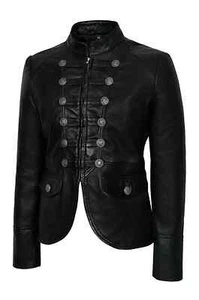 Women's Real Leather Military Style Black Retro Jacket Classic Rock Vintage Coat - Picture 1 of 5