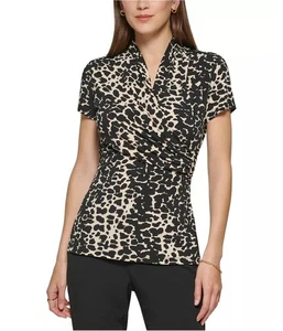 DKNY Womens Animal Print Draped Knit Blouse, Black, Petite, PM - Picture 1 of 1