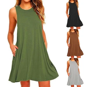 Dress Mini Summer Sundress A-Line Women Beach Black Casual Crew Neck Gray - Picture 1 of 22