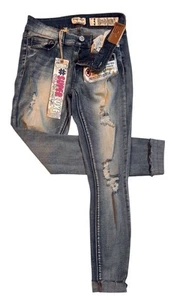 NWT Indigo Rein Superluxe Ankle Length Distressed Denim Blue Jeans Womens Size 3 - Picture 1 of 11