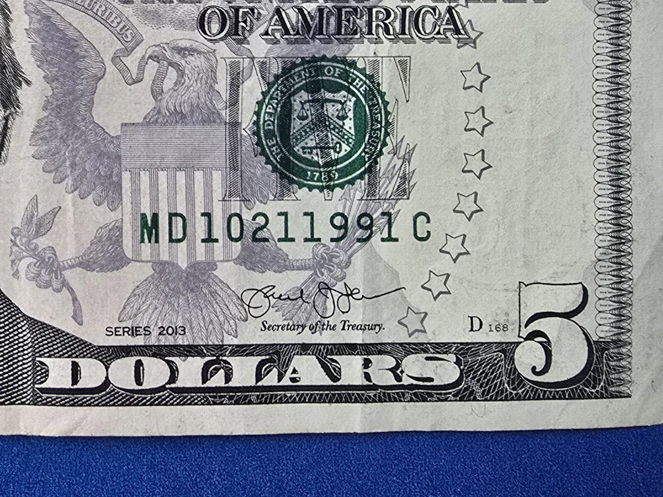 Lucky US Five Dollar Bill Birthday Note October 21, 1991 - 10/21/1991 - Image 1 of 3