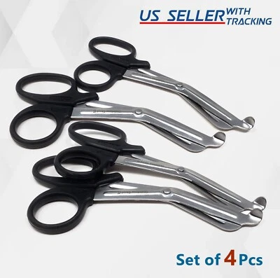 HTI Set of 4 BLACK HANDLE PARAMEDIC EMT EMS TRAUMA SHEARS SCISSORS FIRST AID 5.5"