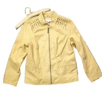 Bradley Bayou Yellow Leather Jacket Women's Size L Front Sleeve ZIP NWT Studded - Image 1 of 4