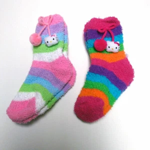 Sanrio HELLO KITTY 2 PAIR Crew Cozy Socks with Pom Poms Kids Girls SIZE 6-8 1/2 - Picture 1 of 8