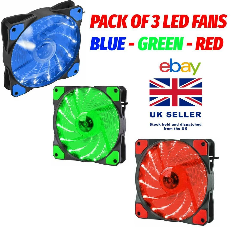 PACK OF 3 MIXED JEDEL 120MM RGB Dual Ring LED Cooling Fans MOLEX BLUE/GREEN/RED - Image 1 of 4