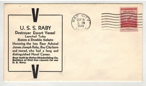 US NAVY 1943 DESTROYWER ESCORT VESSEL USS REAR ADMIRAL RABY LAUNCHED - Picture 1 of 1