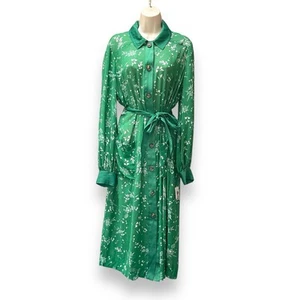  Free People 70s Green Floral Sheer Button Down Shirt Dress Waist Tie Medium NWT - Picture 1 of 13