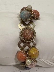 "Pulsera vintage multicolor imitación piedra cabujón tono plata 7""" - Imagen 1 de 10