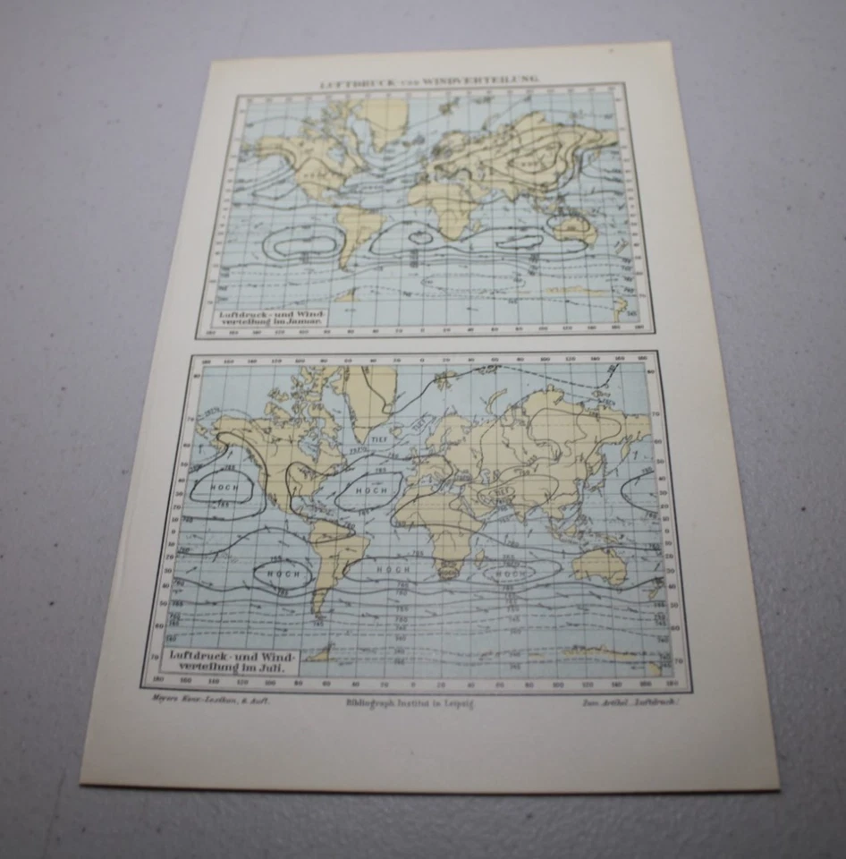 c1899 Meyers Universum Mapa COLOR ~ PRESIONES ATMOSFÉRICAS Y VIENTOS MUNDIALES ~ B Foto 1 de 1