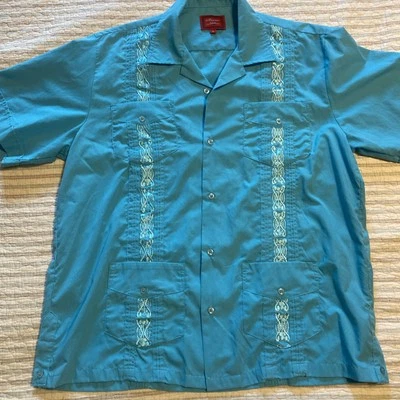 Maximos USA Yucatan by R&B Mens Shirt Guayabera 4 Pocket Casual Collar Blue L - Image 1 of 2