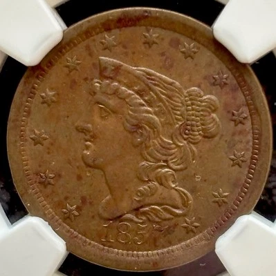 1857 Braided Hair Half Cent, NGC AU Details, Environmental Damage - Image 1 of 4