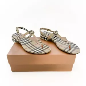 Burberry Emily T-Strap Check Sandals EU 37.5 US 7.5 Beige House Nova Plaid Flat - Picture 1 of 15