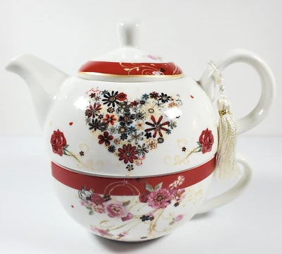 Tea for One Summer River Floral Heart Teapot Decorative Tassel Red Ribbon Trim - Image 1 of 4