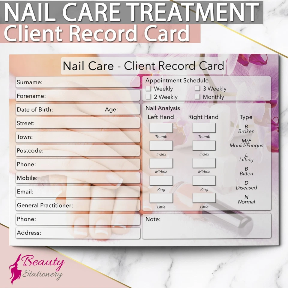 BEAUTY STATIONERY Nail Care Client Record Card NUOVO - PREMIUM Trattamento Consulenza A6