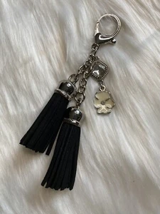 Flower Black Tassel Bag Charm Keychain Key Fob Keyring Silver Color - Picture 1 of 3