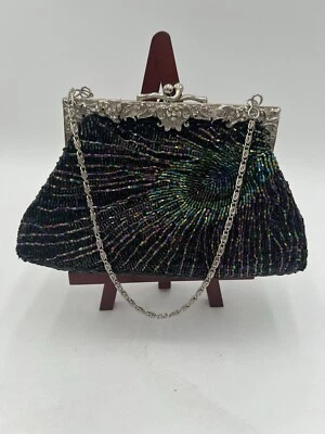 Cartera vintage de noche con cuentas de vidrio con cuentas de vidrio vitrial motivo de pluma de pavo real 5,5x8 Foto 1 de 4