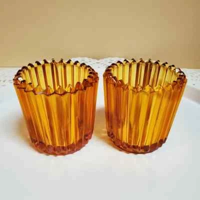 Indiana Glass Vtg Amber Crystal Heavy Ribbed Glass Votive Candle-Set of 2