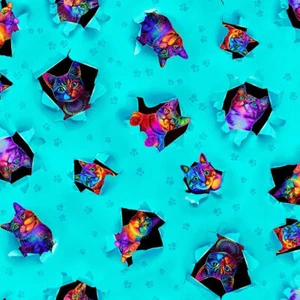 WILDCATS BY TIMELESS TREASURES PEEKABOO CATS ON BLUE COTTON FABRIC HY - Picture 1 of 4