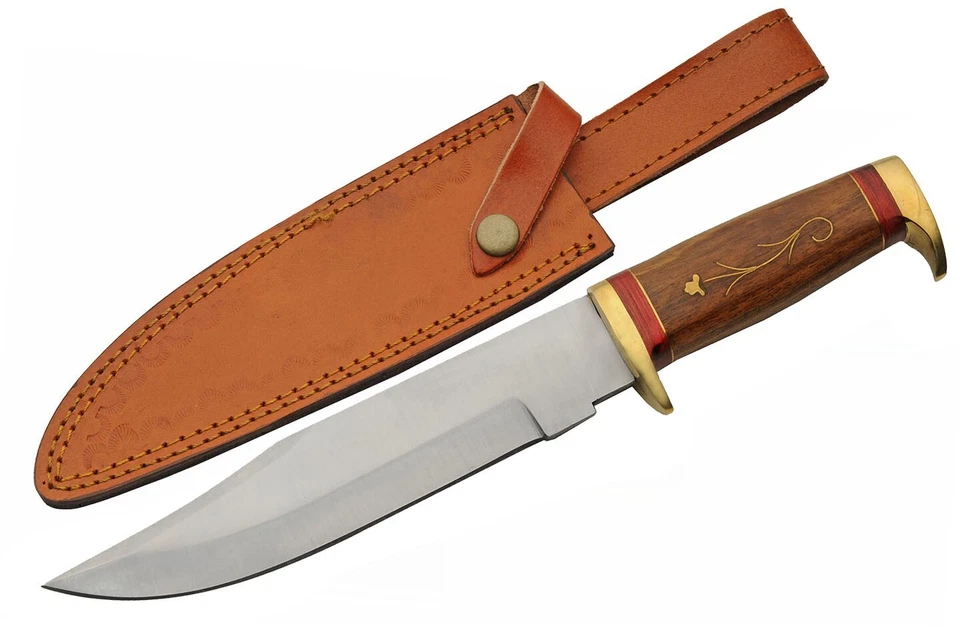 Fixed Blade 12.25" Brass Inlaid Handle Hunting Camp Knife w/ Leather Sheath -NEW - Image 1 of 4