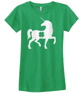 Unicorn Four Leaf Clover St. Patrick's Day Girls Fitted T-Shirt - Picture 1 of 2