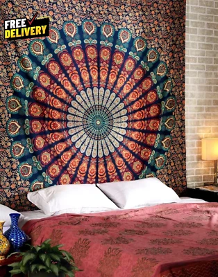 Peacock Mandala Tapestry  Huge Hippie Wall Hanging 90X108 Inch King Size - Image 1 of 4