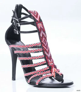 GIUSEPPE ZANOTTI for BALMAIN black red BEADED T-strap shoes 38 8 sexy new $1295  - Picture 1 of 6