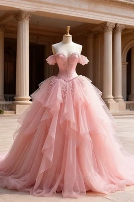 Ruffle Light Pink Off teh Shoulder Wedding Dresses A Line Tulle Bridal Gowns - Image 1 of 4