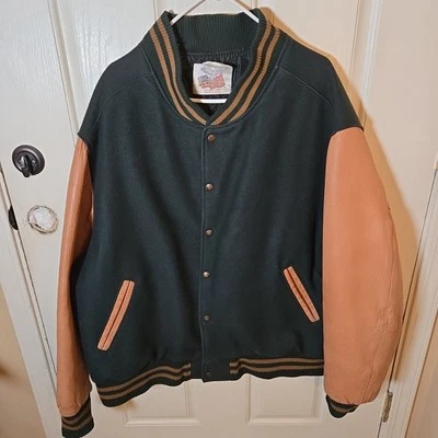 Letterman Varsity Bomber Jacket Mens XL Green Vintage 90s Wool Leather Sleeves - Image 1 of 4