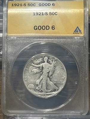 1921 年 S 版自由行走半美元 ANACS G-6 - 钥匙日期 - 银色 - SLABBED - 50C — 第 1/2 张图片