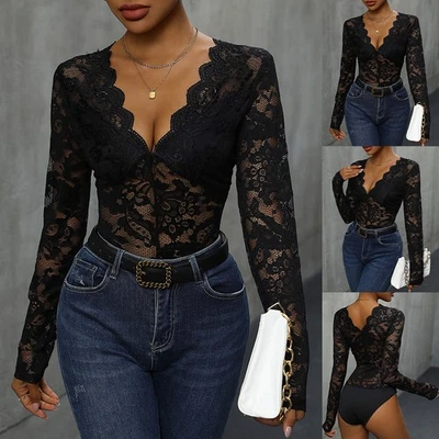 Sexy Damen Spitze Langarm Overalls V-Neck Jumpsuit Bodysuit Slim Einteiler Tops - Bild 1 von 4