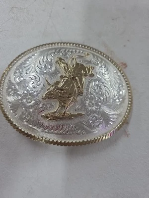 Montana Silversmiths Bull Rider Belt Buckle Silver & Gold Tone 3-3/4” x 5” - Image 1 of 4