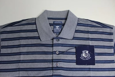 Mens M Medium Pebble Beach PB Mercerized Cotton Golf Polo Shirt Gray Blue Stripe - Image 1 of 4