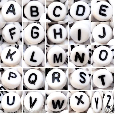 50/100 x 7mm white FLAT ROUND single & mixed alphabet/letter acrylic beads - Image 1 of 3
