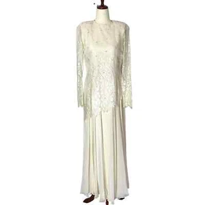 Vintage 80s Ivory Lace Maxi Dress Bridal 10 Medium - Picture 1 of 9