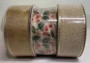 Wired Ribbon 2-1/2” wide, 3-50 Yard Spools, gold tones, (2.3) - Picture 1 of 1