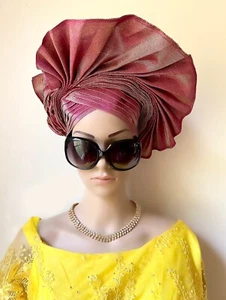Burgundy Mercury Aso Oke Auto Gele Reflecting White, Red Auto Gele, Auto Gele - Picture 1 of 3