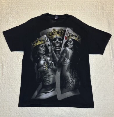 Camiseta negra OGABEL 2014 Y2k estilo tatuaje rey esqueleto con reinas para hombre XL Foto 1 de 4