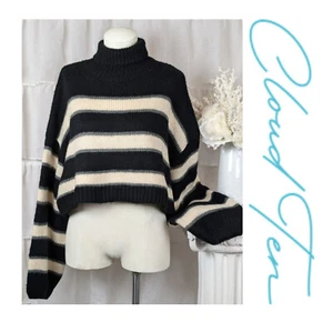 Cloud Ten Black White Striped Cropped Turtleneck Wide Sleeve Sweater Size Large - Picture 1 of 8