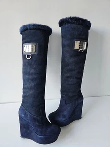 Gianmarco Lorenzi Navy Suede Shearling Platform Boots 35 - Picture 1 of 12