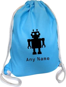Robot Personalised AQUA BLUE COTTON Kids Childs School Sports Gym PE Bag Xmas - Picture 1 of 12