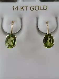 Peridot Labcreated Oval Cut Dangle Leverback Earrings 14kt Solid Yellow Gold - Picture 1 of 12