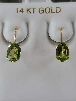 Peridot Labcreated Oval Cut Dangle Leverback Earrings 14kt Solid Yellow Gold  - Image 1 of 4