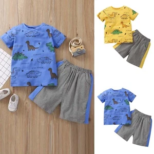 Boys Toddler Baby Outfits Kids Dinosaur Short Sleeve Shirts Pants Top Clothes - Picture 1 of 18