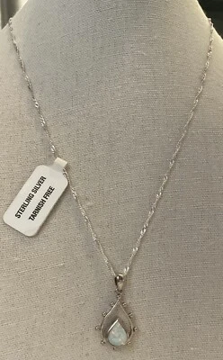 Sterling Silver Faux Opal Pendant Twist Chain 22” Teardrop Rhodium Plated NWT - Image 1 of 4