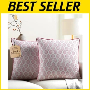 Set of 2 24x24 Inch Cotton Throw Pillow Covers - Boho Floral Print in Pink Daisy - Picture 1 of 11