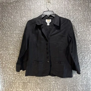 Talbots Womens Sz 6 Irish Linen Button Up Blazer Shirt 3/4 Sleeve Black Petite - Picture 1 of 7